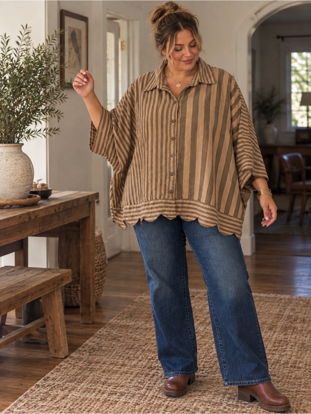 Umgee 1XL Lagenlook Boho Oversized Linen Blend Striped Scallop Hem Top